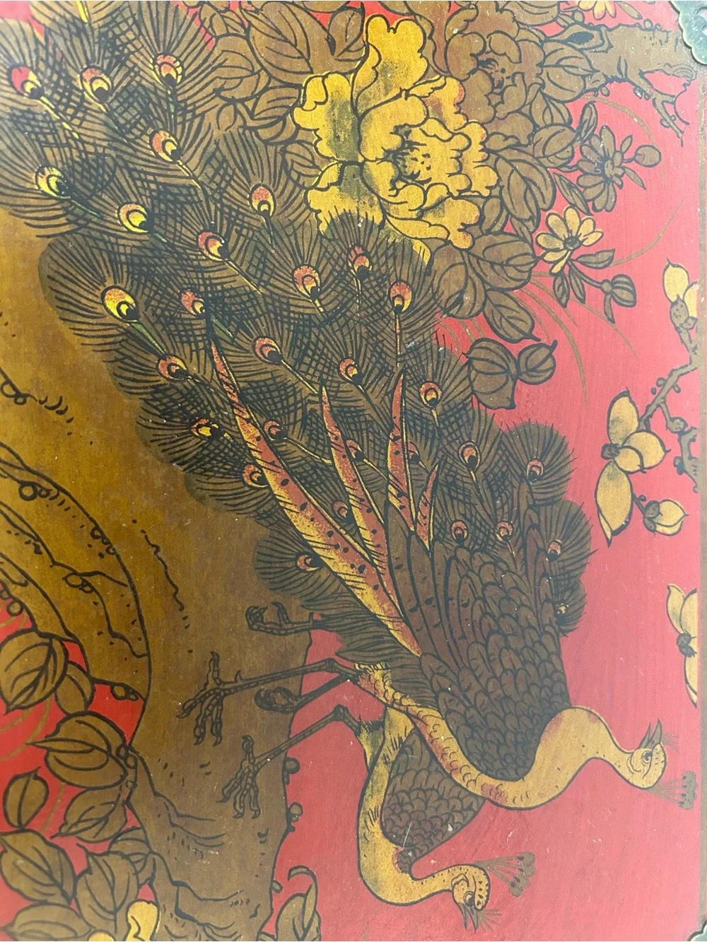 vintage Chinese-style red lacquered wooden jewelry chest ornate brass-toned